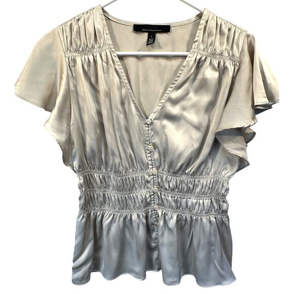 White House Black Market Silky Babydoll Button Front Top Ruching V Neck GORGEOUS - Picture 1 of 9